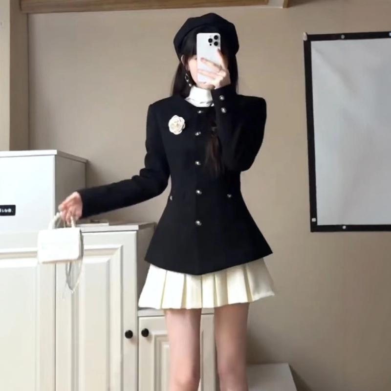 인간 동백 양모 면화 허리 재킷 주름 치마 여성 가을 겨울 새로운 부자 가족 천 골드 스타일 투피스 세트