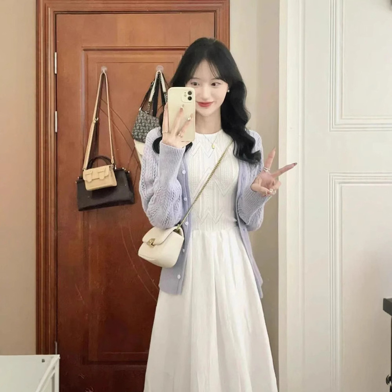 Two Pieces/Suit Work Clothing Textured Sleeveless Dress for Women + Purple Cut Out Knitted Long-Sleeved Jacket with Elegant