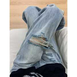 复古新款破洞设计直筒牛仔裤女高腰宽松春秋拖地阔腿裤显瘦感
