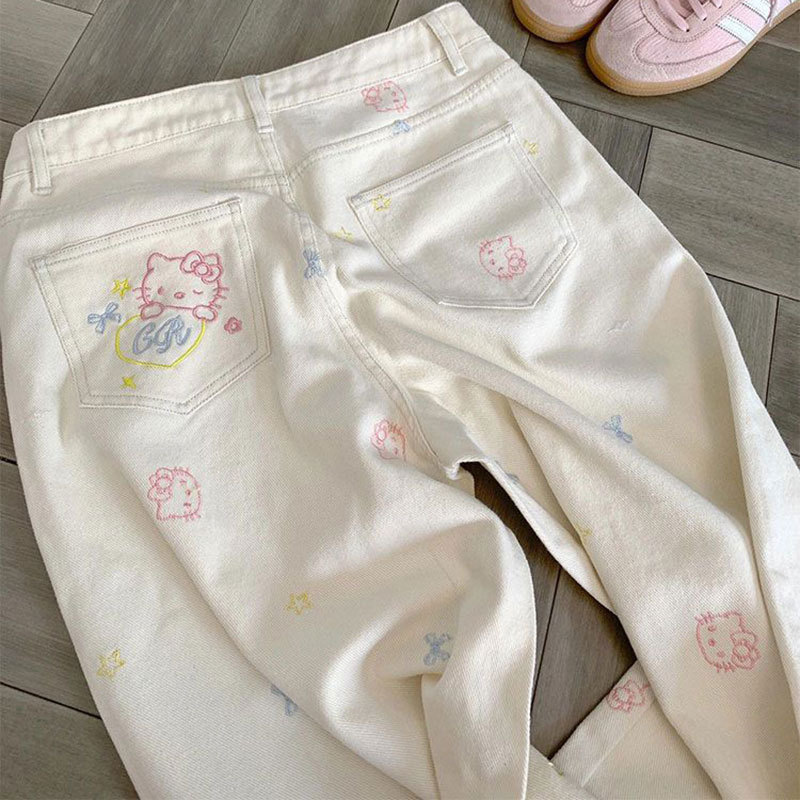 デザインアメリカンハイウエストストレートジーンズ女性用夏かわいいキティ猫刺繍スリムワイドレッグパンツ|undefined