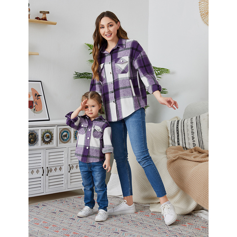 Las mujeres europeas y americanas de franela casual entre padres e hijos desgaste a cuadros de solapa Botón de manga larga abrigo de invierno suelta camisa de gran tamaño