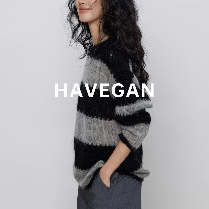 Havegan/Autumn Round Neck Long-Sleeved Wide Stripesd Wool Knitwear Women's Mohair Soft Waxy Casual Top