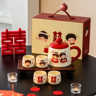 结婚陶瓷茶具套装礼盒情侣对杯婚庆新婚礼物卡通喜字茶壶茶杯家用