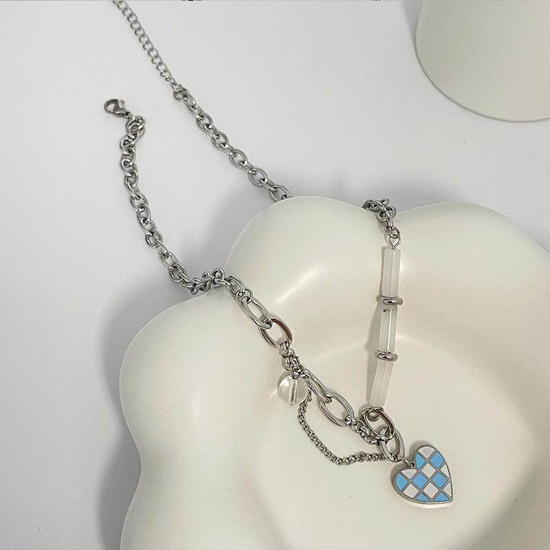 Hiphop blue white checkered heart pendant titanium steel necklace checkerboard clavicle chainpicture1