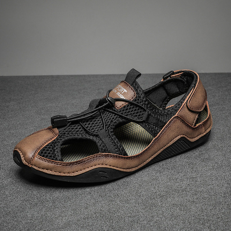 Dép sandal nam cỡ lớn đi biển may thủ công chống trượt, quai ngang co giãn — 2285 kaki, 2285 màu đen, 2285 xanh lục, Màu nâu 2285