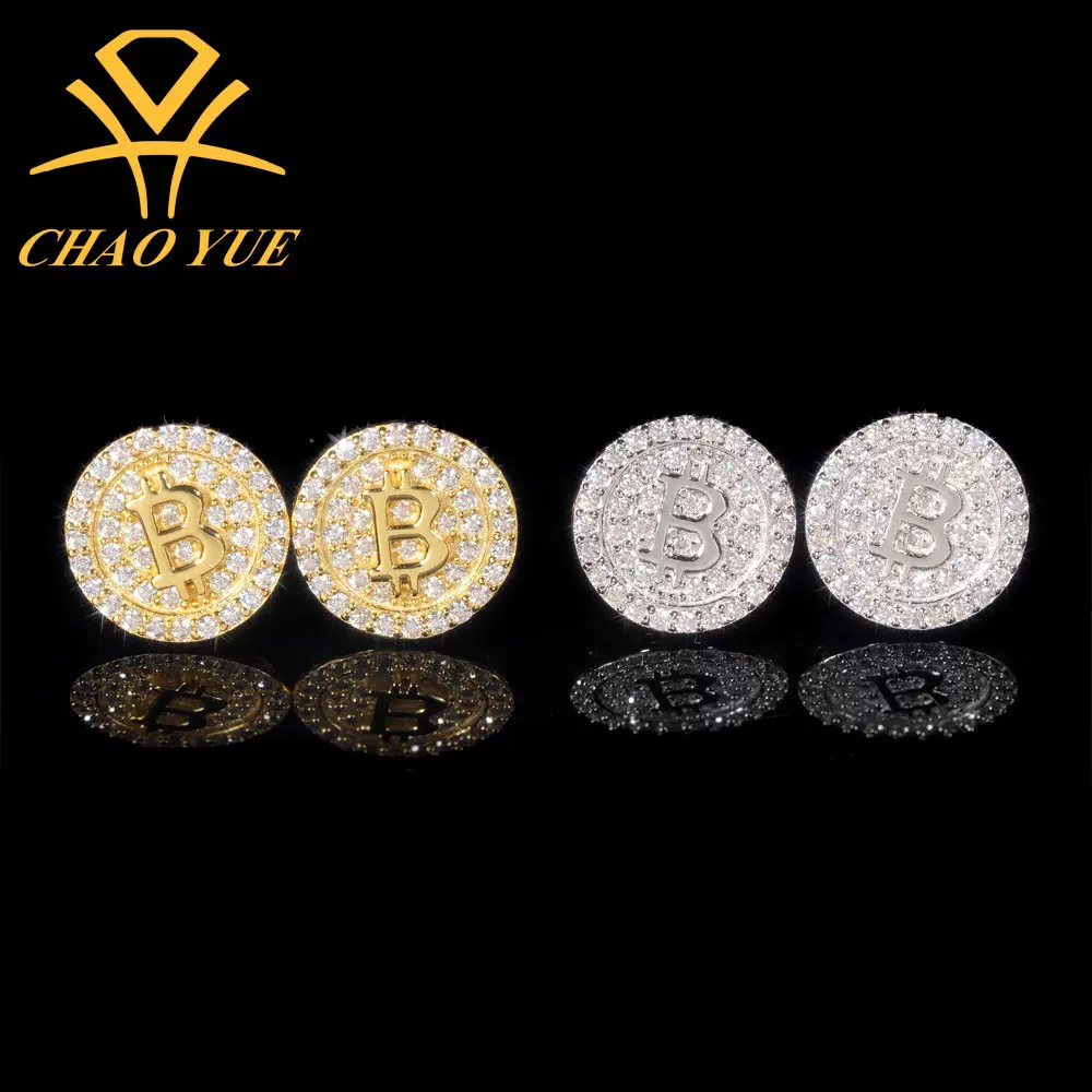 流行经典款比特币耳钉925银vvs莫桑石ChaoYue Hip-HopJewelry直供