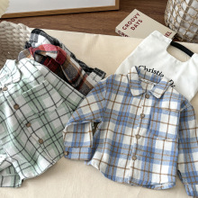 男童衬衫长袖秋款格子衬衣儿童复古拼色开衫新款翻领上衣外套女童