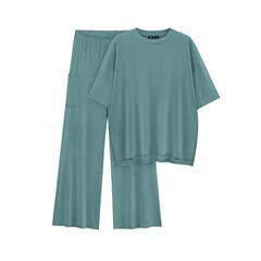 Amazon 2025 新しいヨーロッパとアメリカのクロスボーダー婦人服無地ラウンドネック半袖カジュアルルーズホームパジャマセット女性用