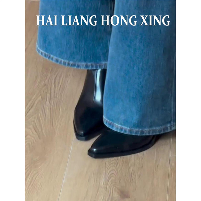 羊皮版~复古尖头高跟短靴女秋冬新款粗跟气质瘦瘦靴小踝靴马丁靴|undefined