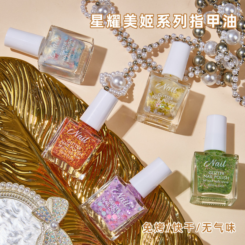 Cross-border Platinum Flash Nail Polish Free Baking Quick Drying Glimmer Flash Nail Glasses Sequin Glue Nail Polish Wholesale