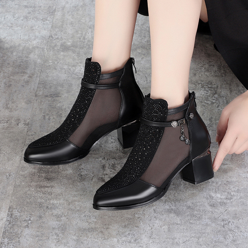Giày boot nữ cổ thấp da thật lưới thoáng khí gót dày — đen