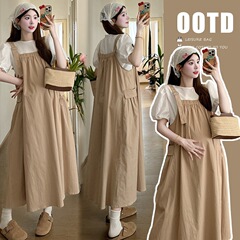 妊婦のワンピース夏服のファッションママの新型夏の薄いタイプのファッションスーツの洋風の流行の背もたれのスカートの2つのセット