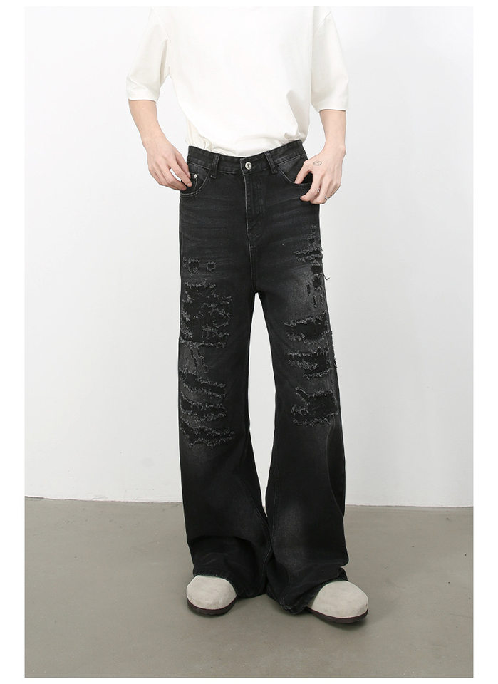 Quần jean nam ống rộng denim rách giặt cũ phong cách đường phố — Màu xanh lam, Đen xám chi tiết 15