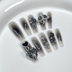 手工穿戴甲噴槍黑腮純欲玫瑰長款美甲貼片爆閃愛心穿戴式指甲貼