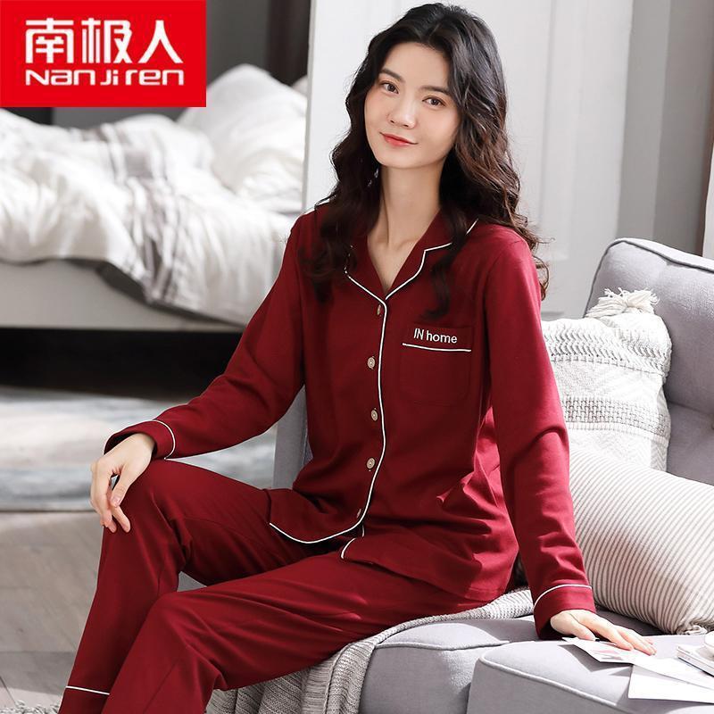 Otoño simple nuevos pantalones de manga larga más el tamaño de las mujeres pijamas 100% algodón traje de desgaste para el hogar