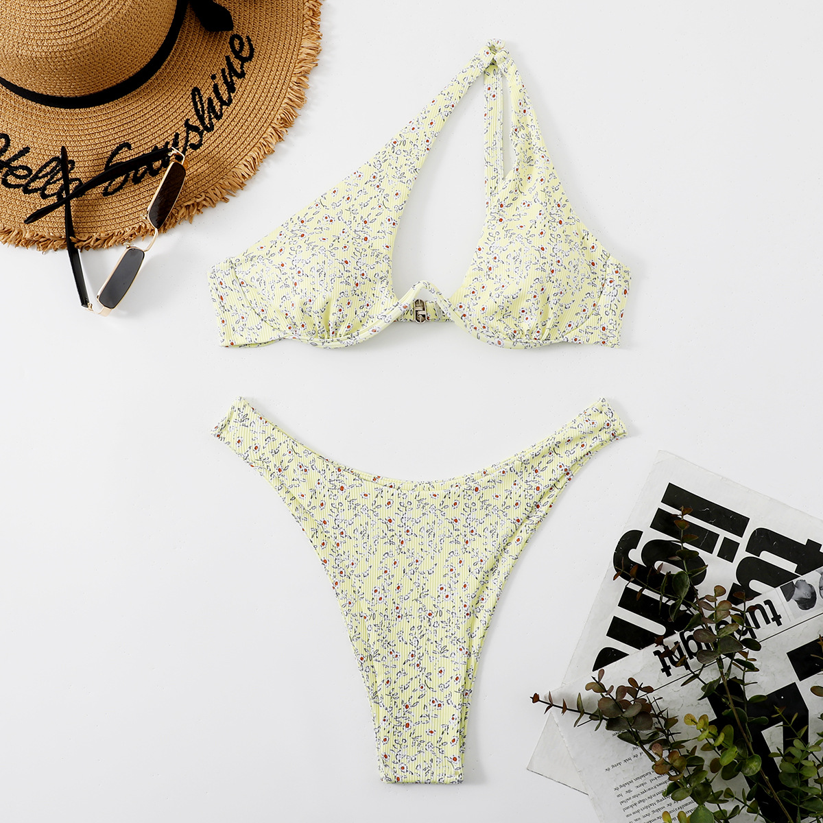 Sobre el producto: Nuevo estilo europeo y americano caliente multicolor sexy damas split traje de baño sólido solo hombro acero bikini