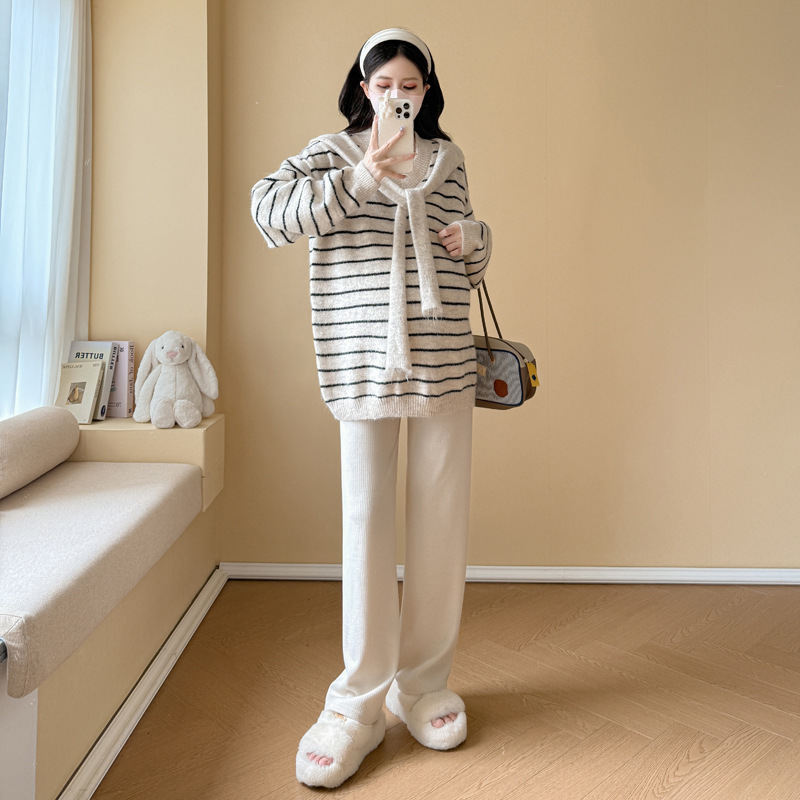 孕妇装套装V领披肩条纹毛衣秋冬新款慵懒风休闲宽松显瘦百搭上衣|undefined