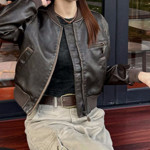 Handmade Color-Washed American-Style Short Motorcycle Leather Jacket for Women, New Vintage Rad Leather Jacket, Versatile Top Handmade Color-Washed American-Style Short Motorcycle Leather Jacket for Women, New Vintage Rad Leather Jacket, Versatile Top