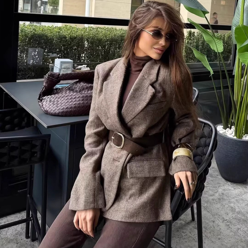 Z Brand Foreign Trade Cross-Border In-Stock European and American Style Women's Clothing 2026 Spring New Model with Belt Herringbone Twill Blazer Z Brand Foreign Trade Cross-Border In-Stock European and American Style Women's Clothing 2026 Spring New Model with Belt Herringbone Twill Blazer