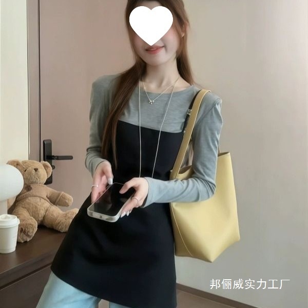2025年圆领灰色长袖上衣叠穿背心套装女小众别致收腰外搭吊带裙子|undefined