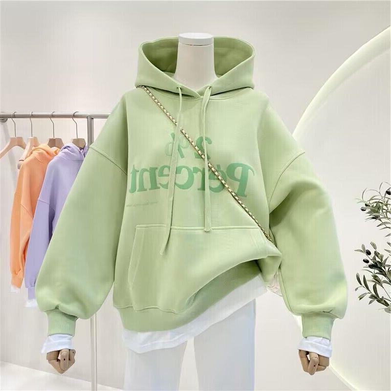 플러스 사이즈 새로운 패션 브랜드 스티칭 가짜 투피스 후드 풀오버 스웨터 여성 기모 두꺼운 느슨한 코트 탑 인