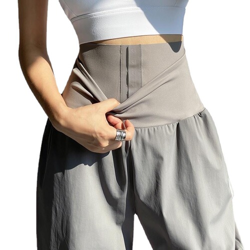 Outdoor quick-drying sports pants for women, high-waisted, buttoned, tummy-tightening, leggings, loose dance yoga pants, sweatpants, casual fitness summer