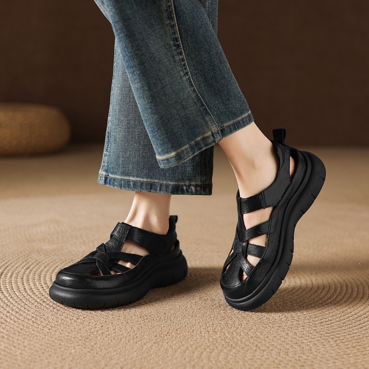 Sandal nữ đế dày da cừu phối quai ngang phong cách học đường — màu đen, màu trắng ngà chi tiết 76