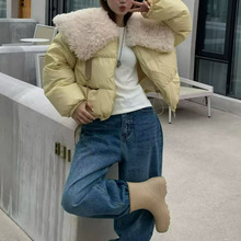 韩国女装高货2025冬季时尚显瘦大翻领羊羔毛领白鸭绒羽绒服女新款
