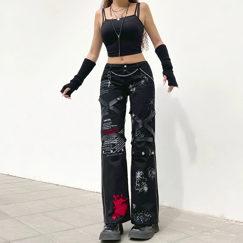 wide leg pants Harajuku Hip Hop Print Straight Emo Teachwear Jeans Y2K Baggy Cargo Denim Pants Casual Academic Women Ripped Streetwear Trousers cigarette pants