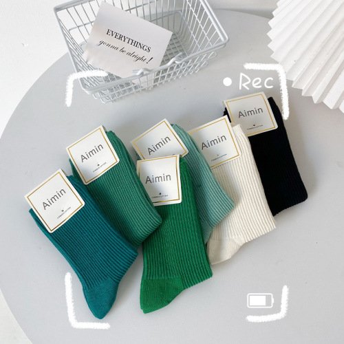 New Spring and Summer Socks for Girls, Gradient Green College Style, Fresh and Sweet, Long Leg Socks for Ladies, Bunchy Socks