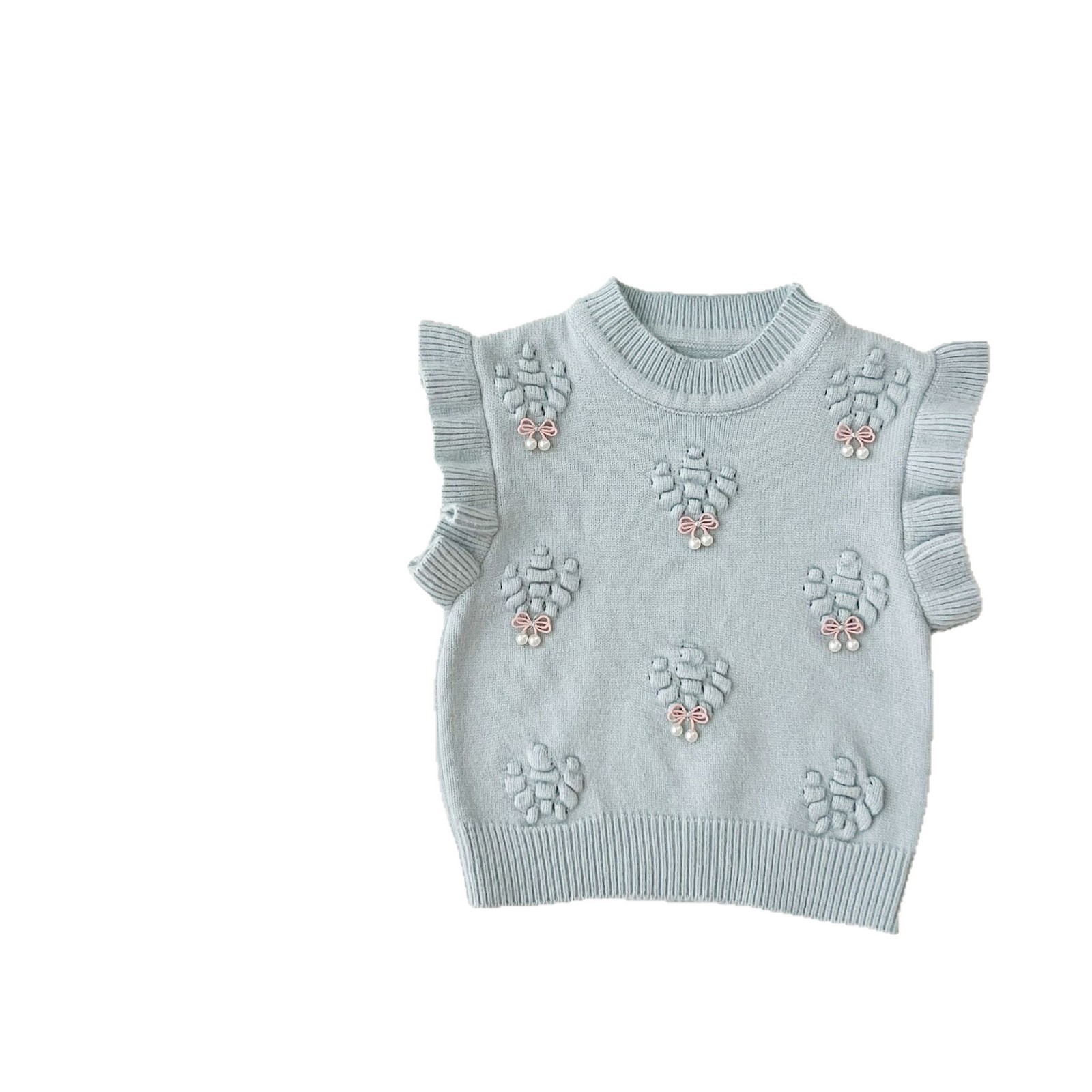 Niñas 2025 otoño y invierno nuevo chaleco de punto coreano estilo extranjero bebé de cuello redondo de color sólido arco chaleco de punto