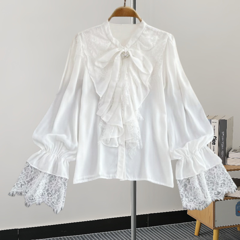 Spring and Autumn French Style Retro Elegant Loose Lace Stitching Bell Sleeve Bow Lace-up Shirt Women's Western Style Top