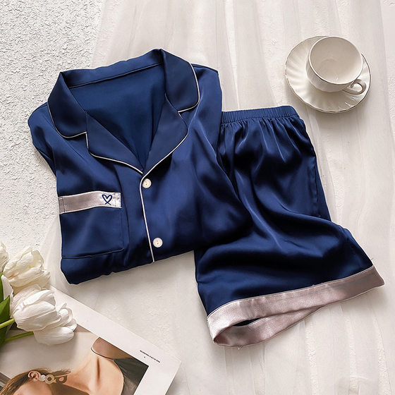 High-grade solid color short sleeve ice silk pajamas women's summer new ins wind love embroidery home clothes real shot wholesale