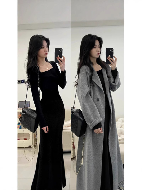 黑色步步生莲鱼尾连衣裙女秋冬季流行风格大衣内搭针织包臀长裙子|undefined