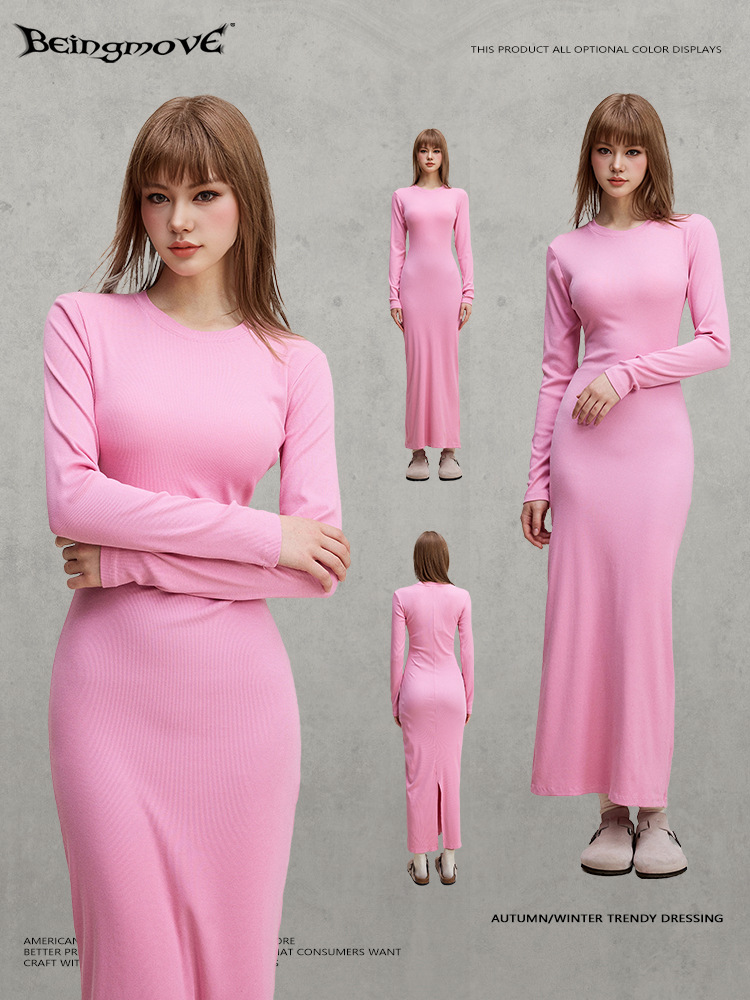 Calle seca 2025 otoño estilo americano de moda caliente delgado vestido de mangas largas para adelgazar una falda recta para mujeres