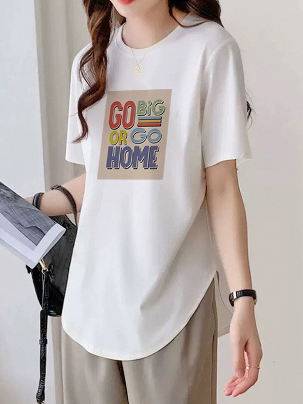 Long white summer cotton crooked elastic T-shirt with a round collar