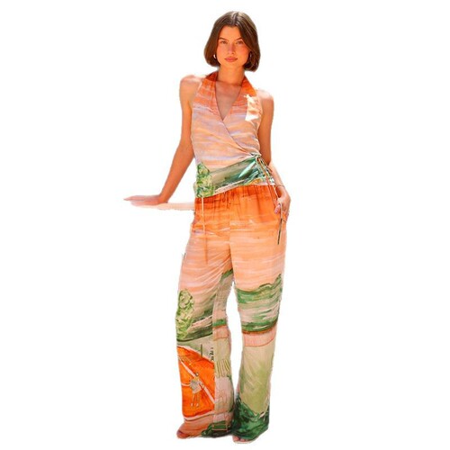 2025 New Fashionable Casual V-Neck Straps Waistcoat High Waist Print Wide Leg Pants Set for Women 