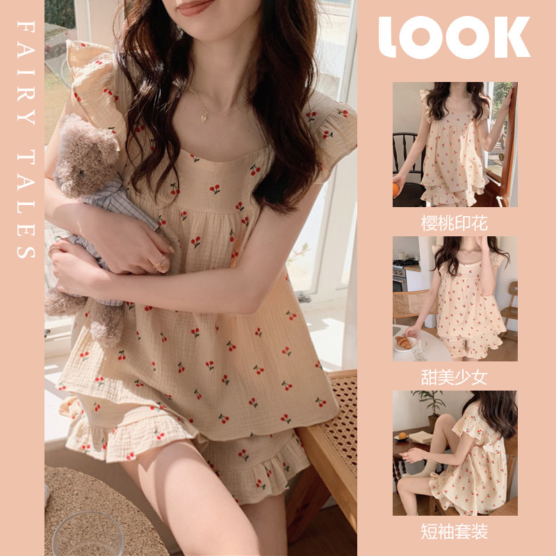 잠옷 여자의 여름 슬링 잠옷 세트 조끼 반바지 체리 버블 스타일 투피스 가정 옷