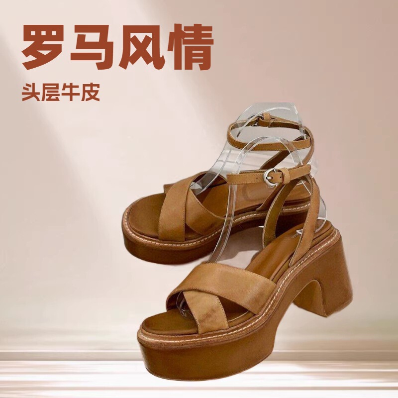 Miu European and American Style Spring/Summer High-Heeled Sandals with 8cm Heel/4Cm Platform, Casual Simple Thick-Soled Platform Chunky Heel Women's Genuine Leather Open-Toe Sandals Miu European and American Style Spring/Summer High-Heeled Sandals with 8cm Heel/4Cm Platform, Casual Simple Thick-Soled Platform Chunky Heel Women's Genuine Leather Open-Toe Sandals