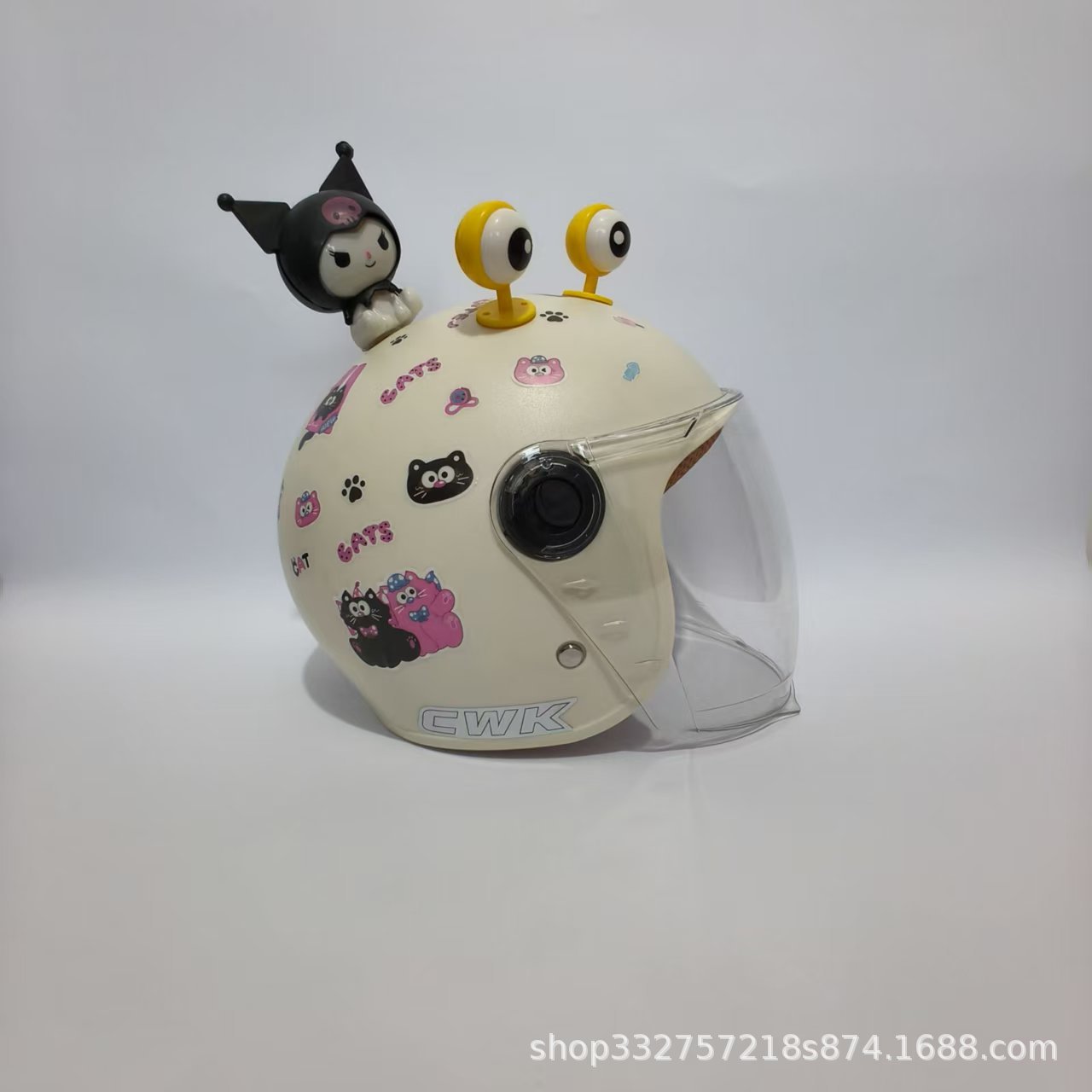 Motosiklet kaskı (dəbilqə) — Motuoche Helmet - moon-white-black-pink-cat-transparent-long-visor-yellow-eyes-black-kuromi-3c-children-1-6-years-old-wl07