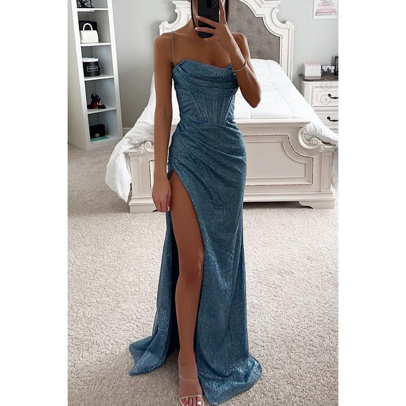 Halter Slit Evening Dress High-End Beauty Waist Strap Slit Floor-Length Elegant Evening Dress
