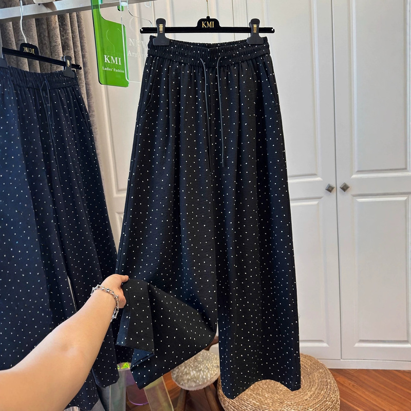 Plus Size Women's Polka Dot Casual Wide-Leg Pants for Spring and Summer, Slimming Elastic Waist Cool Straight-Leg Floor-Length Trousers