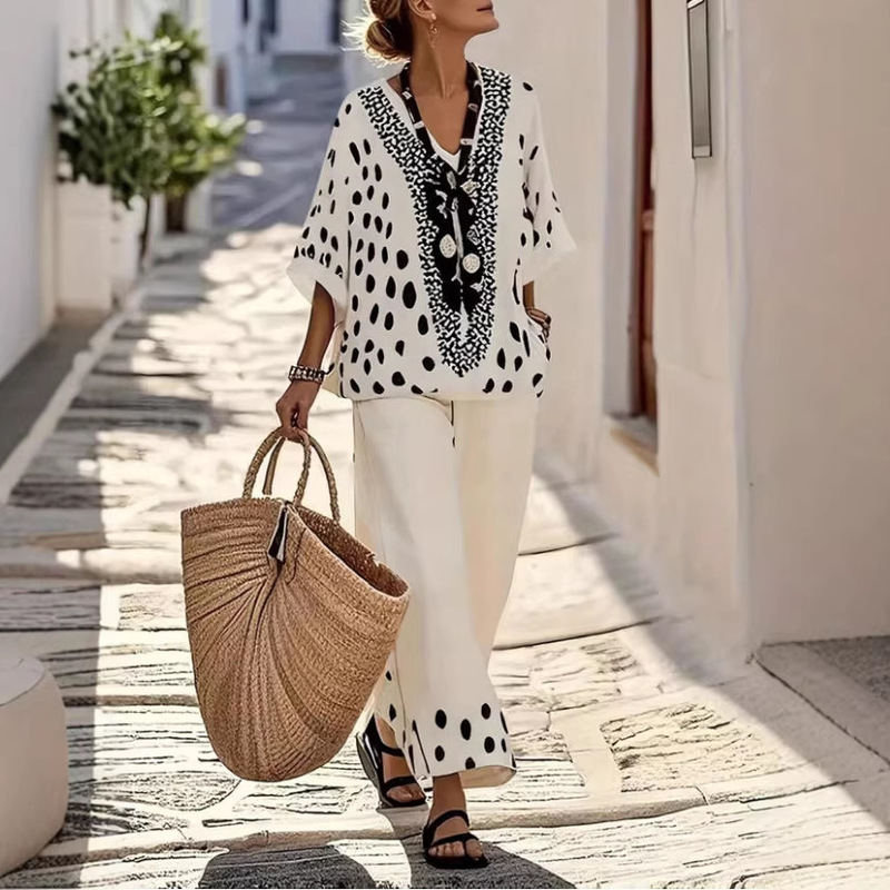 2026 European and American Cross-Border Amazon Polka Dot V-Neck Top + Wide-Leg Straight Pants Two-Piece Set for Women's Casual Vacation Wear