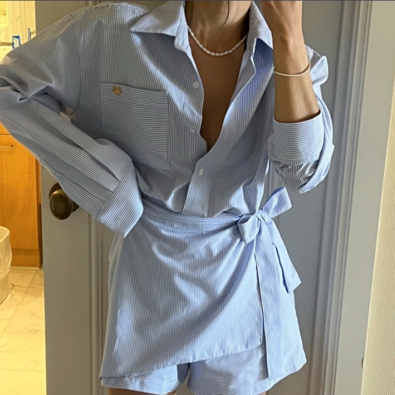 Korean Striped Shirt Dress Pants for Women, Spring Style, Unique Tie-Waist Wrap-Around Faux Two-Piece Set, Jumpsuit Shorts