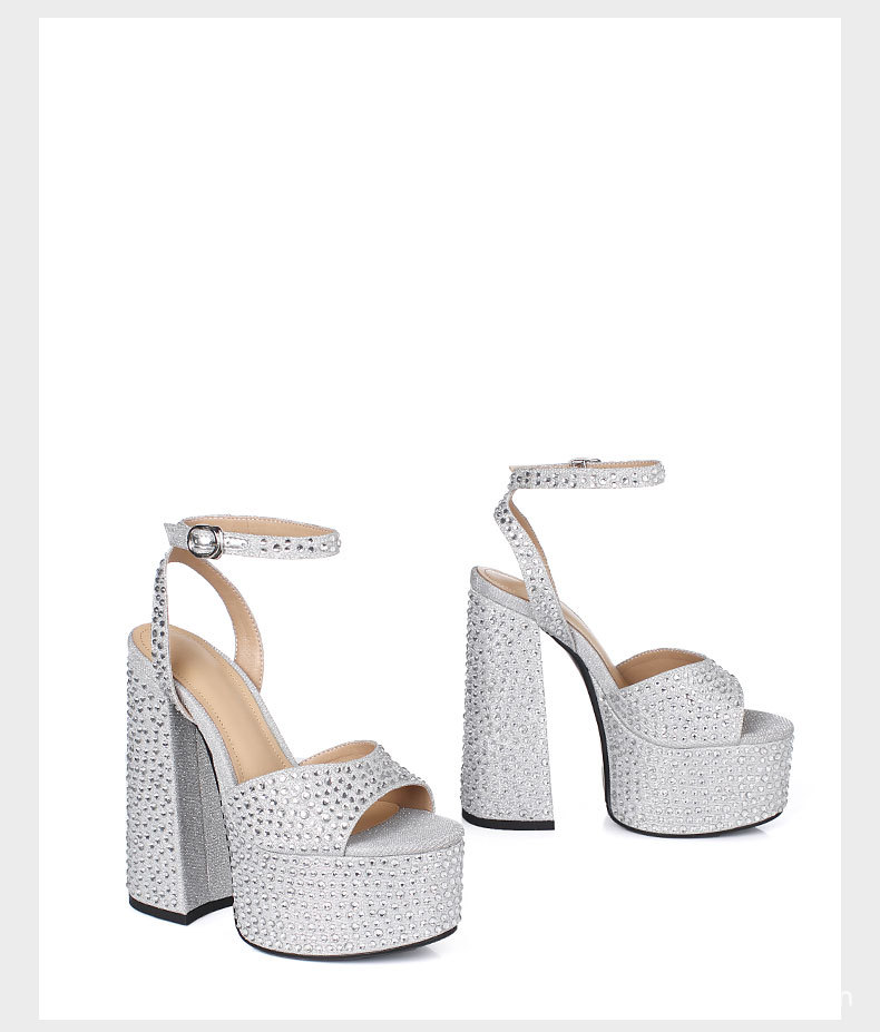 Sandal nữ siêu cao gót da thật đế dày chống trượt đính đá rhinestone gót 15 cm — Rượu sâm banh chi tiết 16