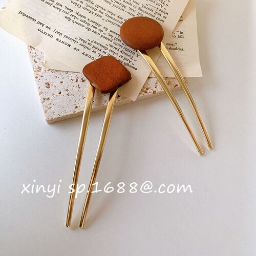 Wooden geometric round hairpin for women, simple temperament, alloy plate hairpin, ball head hairpin, hair extensions, hair accessories wholesale