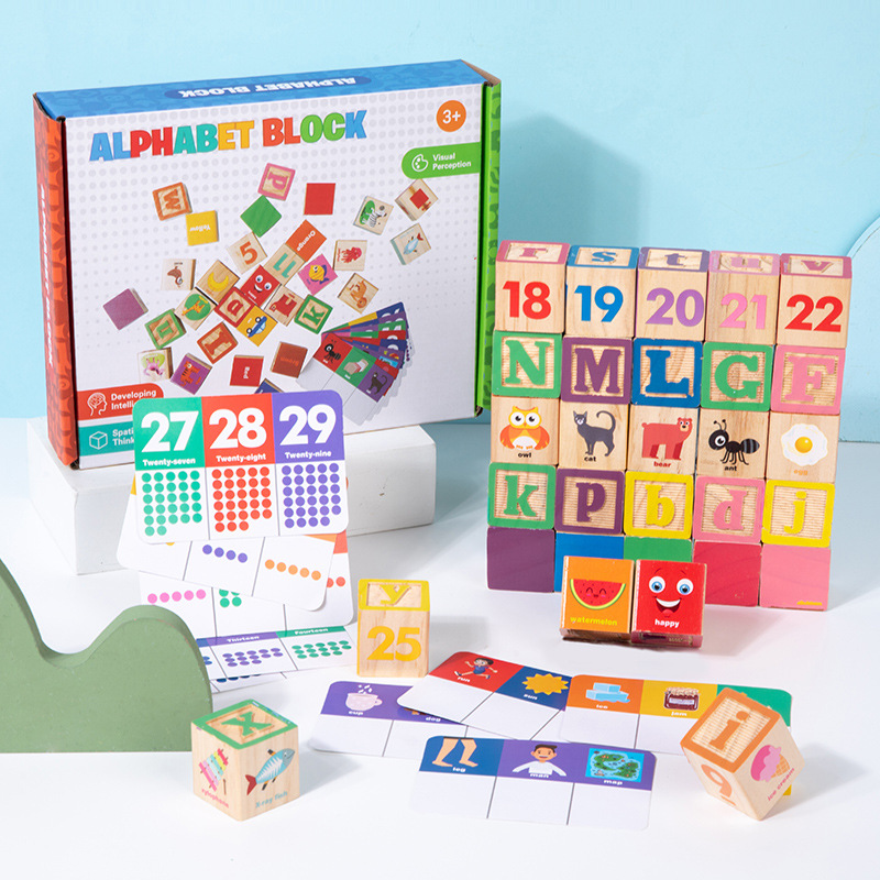 Educación temprana infantil madera alfabetizado inglés bloque de construcción iluminación forma de color cognitivo juguete puzzle