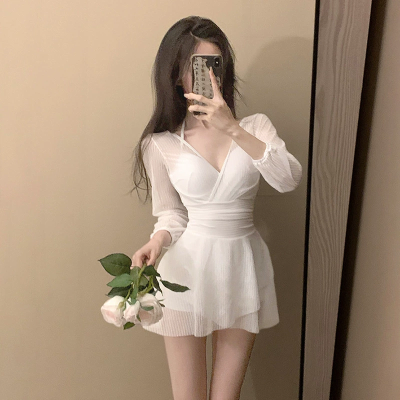 Купальник Super Fairy ins Style, Женская цельная юбка, консервативная, покрывающая живот, для похудения, горячий источник, солнцезащитный крем с длинными рукавами, отпуск, море