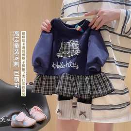 2025秋季新款宝宝女童儿童可爱印花上衣衣服格子花边拼接卫衣裙潮