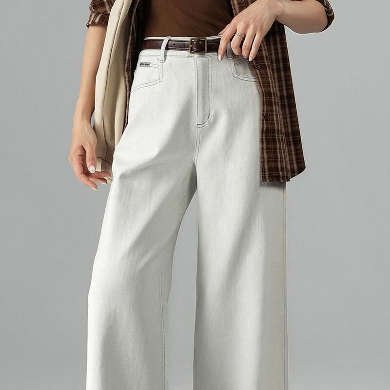 Fleece-Lined Thick Gray-White Wide-Leg Jeans Loose Women's Pants Autumn Winter Straight-Leg Pants Stylish Pants